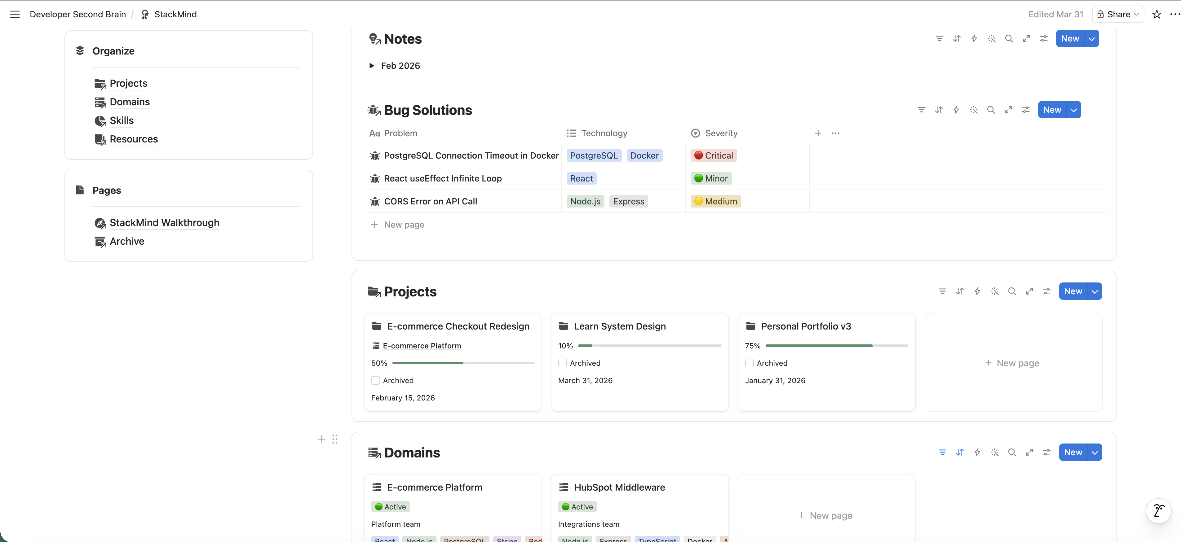 A second view of the StackMind dashboard, showing the top section with sub-dashboard links.
