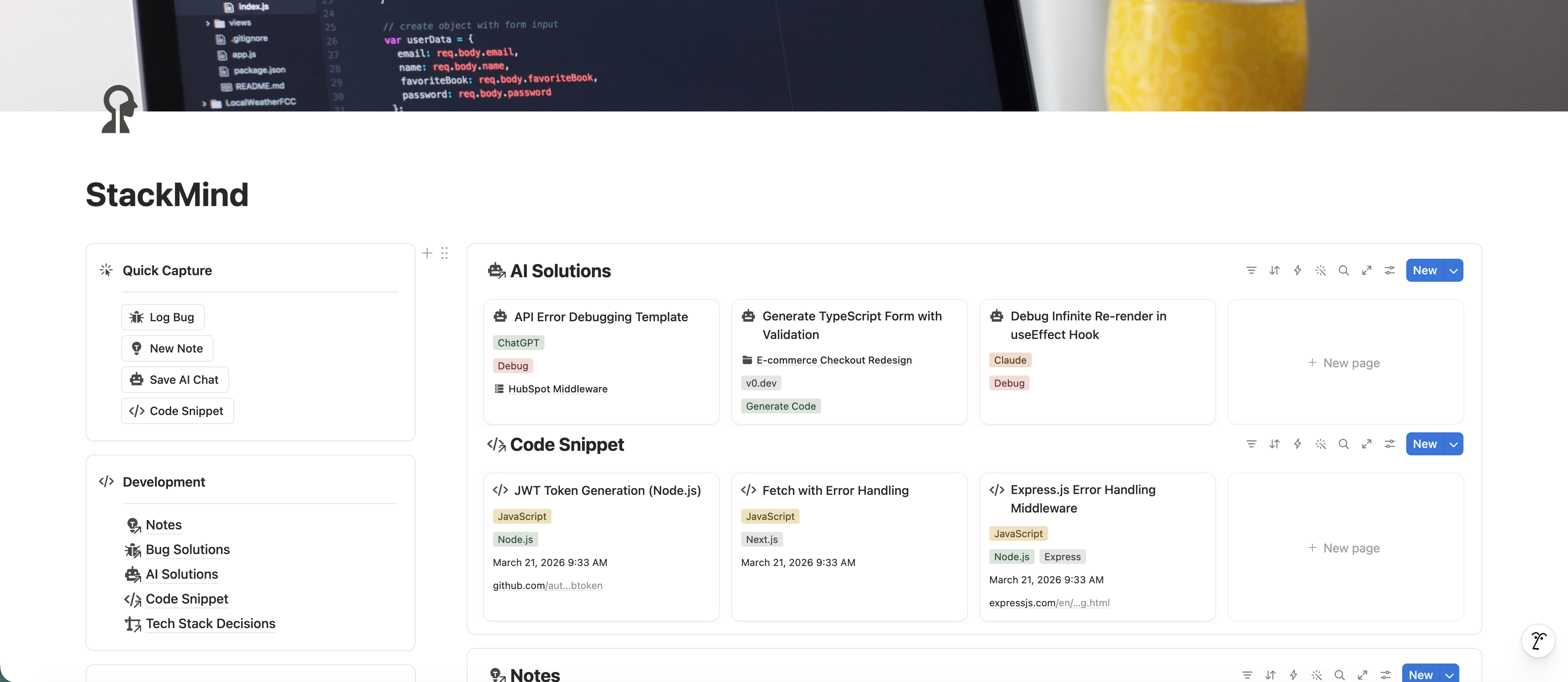 The StackMind main dashboard in Notion, showing Quick Capture buttons and database overviews.